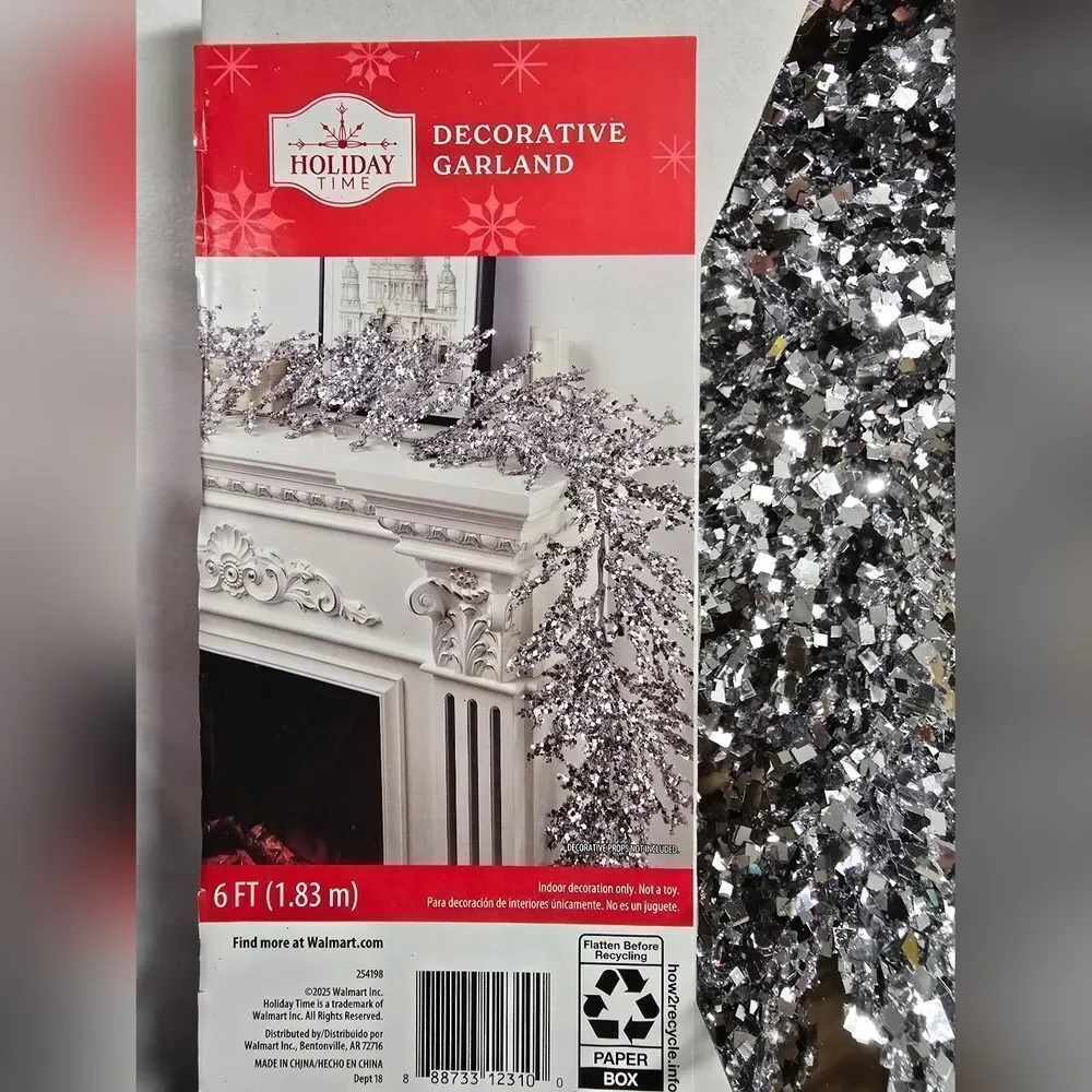 Nib Holiday Time Christmas Elegant Glam Sparkly Silver Garland, 6ft
